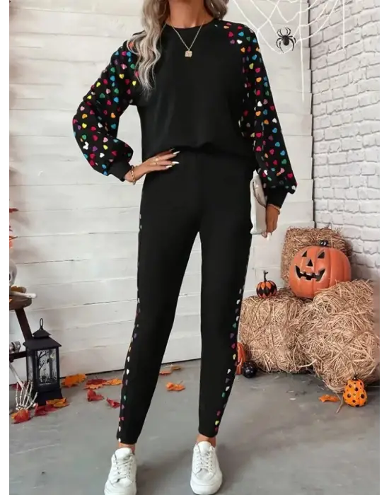 Kadın Uzun Kollu Bisiklet Yaka Desenli Viskon Iki Iplik Bluz Ve Pantolon Ikili Takım