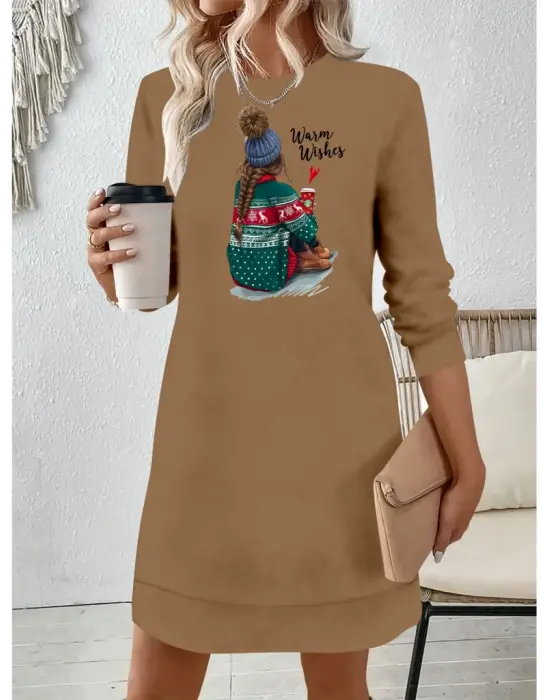 Kadın Uzun Kollu Bisiklet Yaka Desenli Viskon Iki Iplik Elbise