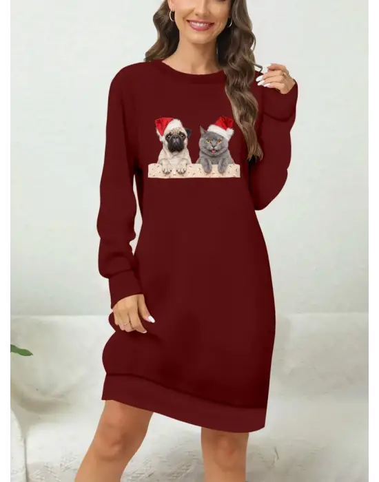 Kadın Uzun Kollu Bisiklet Yaka Desenli Viskon Iki Iplik Elbise