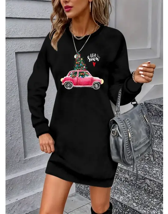 Omarı Şık Desenli Uzun Kollu Viskon Elbise