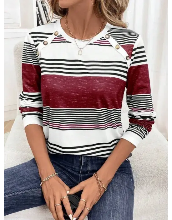 Kadın Uzun Kollu Bisiklet Yaka Düğme Detaylı Desenli Süprem Bluz