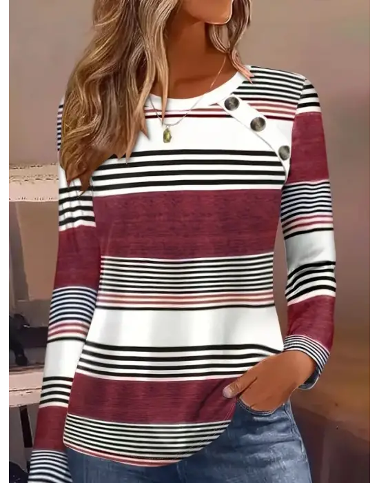 Kadın Uzun Kollu Bisiklet Yaka Düğme Detaylı Desenli Süprem Bluz