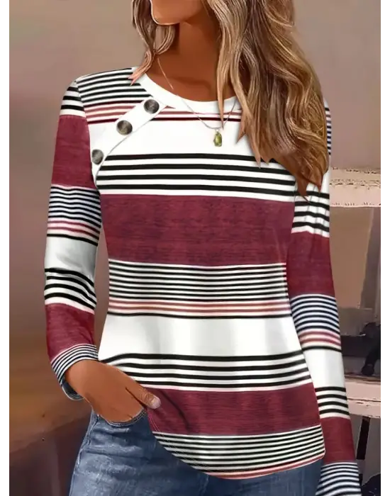 Kadın Uzun Kollu Bisiklet Yaka Düğme Detaylı Desenli Süprem Bluz