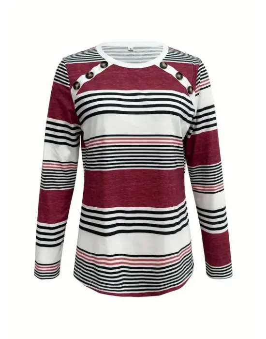 Kadın Uzun Kollu Bisiklet Yaka Düğme Detaylı Desenli Süprem Bluz