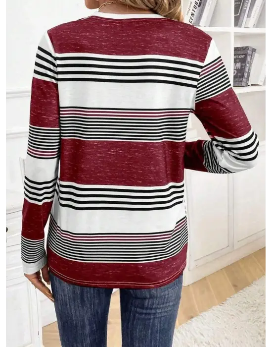 Kadın Uzun Kollu Bisiklet Yaka Düğme Detaylı Desenli Süprem Bluz