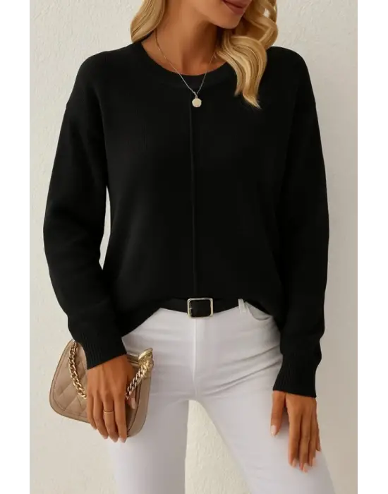 Kadın Uzun Kollu Bisiklet Yaka Düşük Omuz Detaylı Triko Bluz