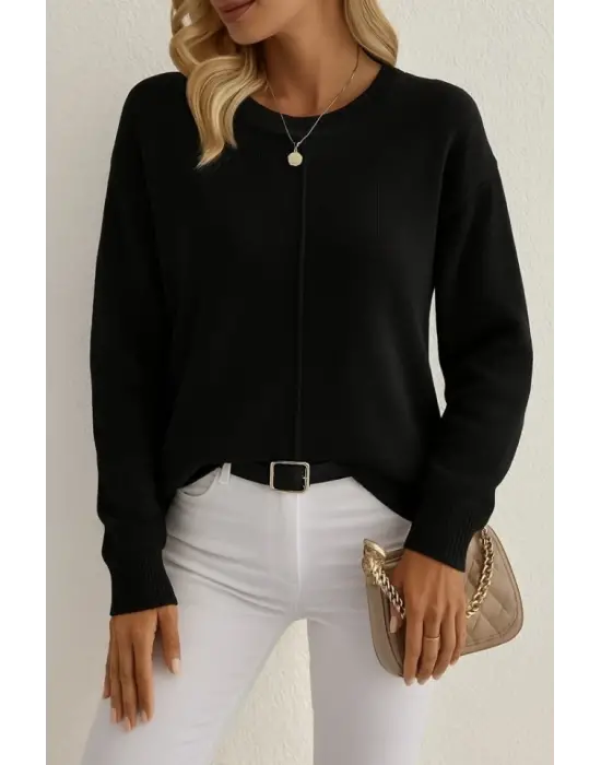 Kadın Uzun Kollu Bisiklet Yaka Düşük Omuz Detaylı Triko Bluz