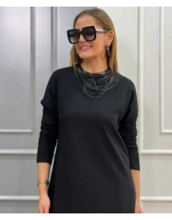 Kadın Uzun Kollu Bisiklet Yaka Etek Ucu Deri Dantelli Viskon Iki Iplik Midi Elbise