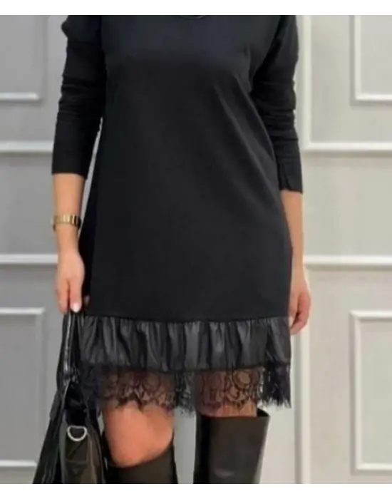 Kadın Uzun Kollu Bisiklet Yaka Etek Ucu Deri Dantelli Viskon Iki Iplik Midi Elbise