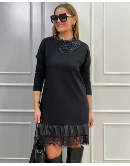 Kadın Uzun Kollu Bisiklet Yaka Etek Ucu Deri Dantelli Viskon Iki Iplik Midi Elbise