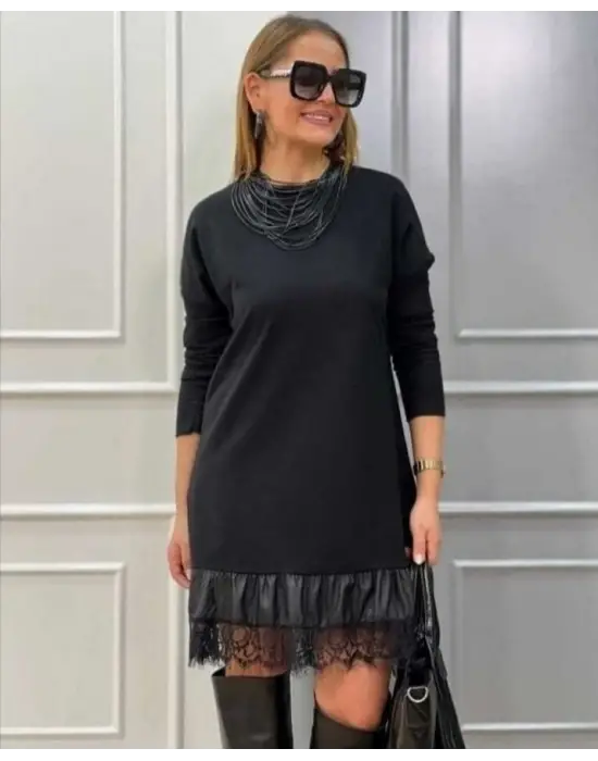 Kadın Uzun Kollu Bisiklet Yaka Etek Ucu Deri Dantelli Viskon Iki Iplik Midi Elbise