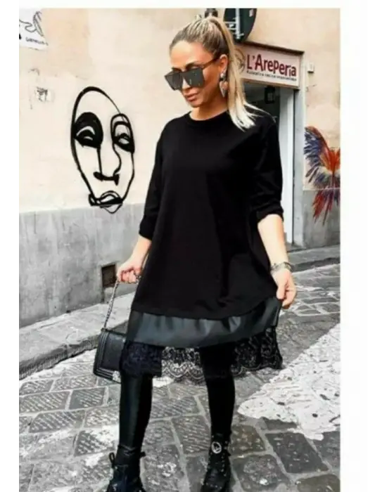 Kadın Uzun Kollu Bisiklet Yaka Etek Ucu Deri Ve Tül Detay Iki Iplik Mini Boy Elbise