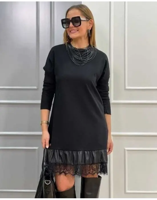 Kadın Uzun Kollu Bisiklet Yaka Etek Ucu Deri Ve Tül Detay Iki Iplik Mini Boy Elbise