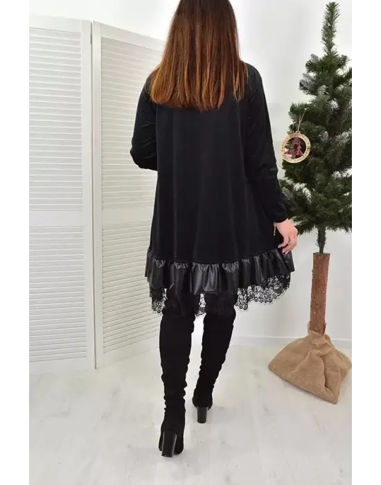 Kadın Uzun Kollu Bisiklet Yaka Etek Ucu Deri Ve Tül Detay Iki Iplik Mini Boy Elbise