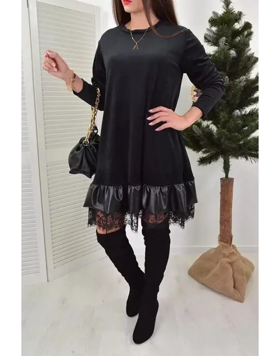 Kadın Uzun Kollu Bisiklet Yaka Etek Ucu Deri Ve Tül Detay Iki Iplik Mini Boy Elbise