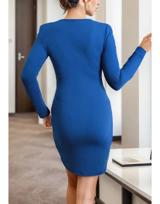Kadın Uzun Kollu Bisiklet Yaka Etek Ucu Kruvaze Detay Krep Mini Boy Elbise