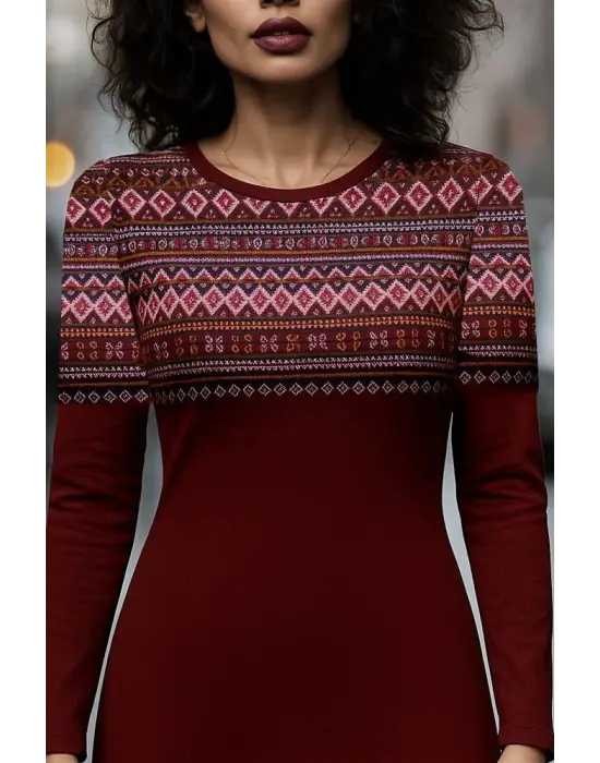 Kadın Uzun Kollu Bisiklet Yaka Etnik Desenli Kısa şardonlu Dalgıç Elbise