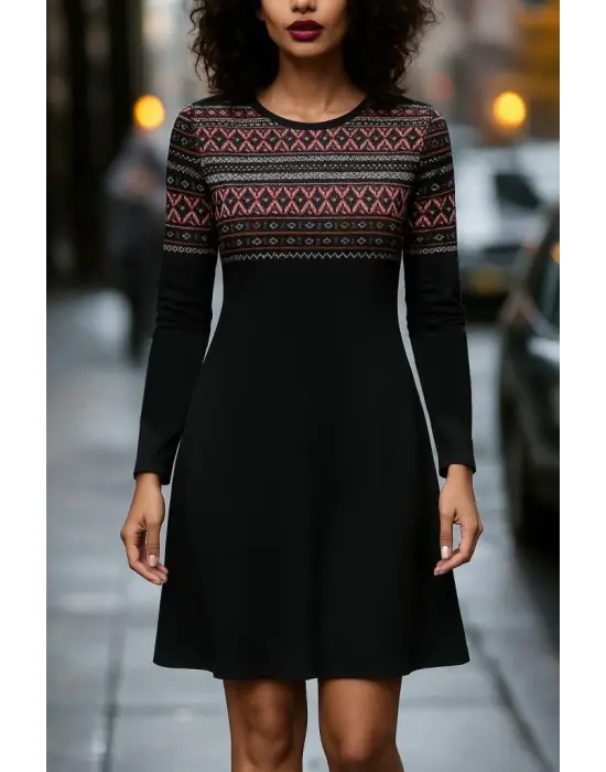 Kadın Uzun Kollu Bisiklet Yaka Etnik Desenli Kısa şardonlu Dalgıç Elbise