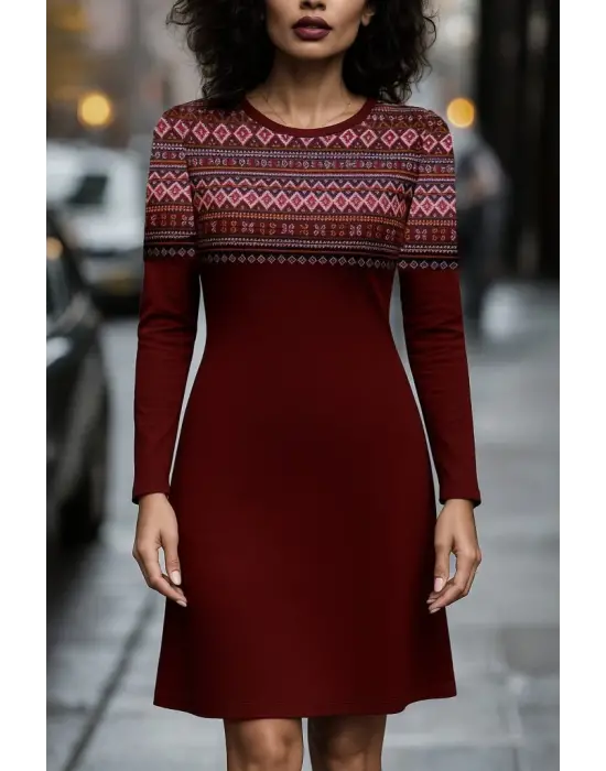 Kadın Uzun Kollu Bisiklet Yaka Etnik Desenli Kısa şardonlu Dalgıç Elbise