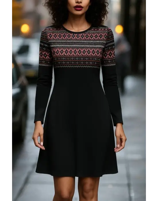 Kadın Uzun Kollu Bisiklet Yaka Etnik Desenli Kısa şardonlu Dalgıç Elbise