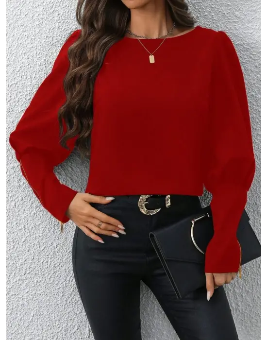 Kadın Uzun Kollu Bisiklet Yaka Fermuar Detaylı Ithal Krep Bluz