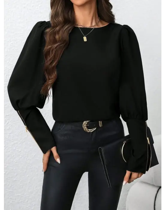 Kadın Uzun Kollu Bisiklet Yaka Fermuar Detaylı Ithal Krep Bluz