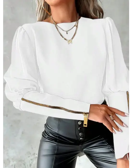 Kadın Uzun Kollu Bisiklet Yaka Fermuar Detaylı Ithal Krep Bluz