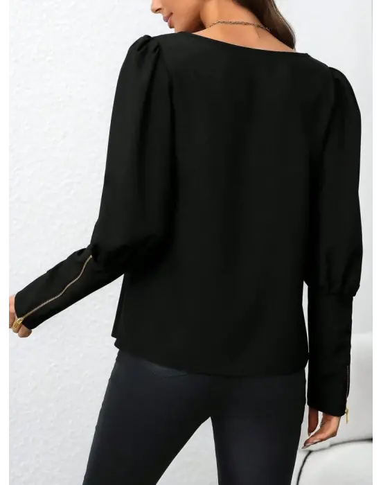 Kadın Uzun Kollu Bisiklet Yaka Fermuar Detaylı Ithal Krep Bluz