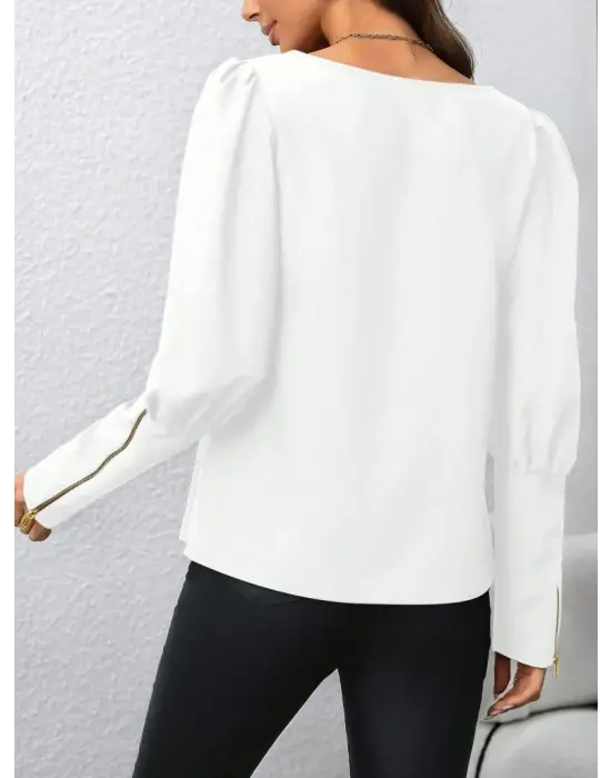 Kadın Uzun Kollu Bisiklet Yaka Fermuar Detaylı Ithal Krep Bluz