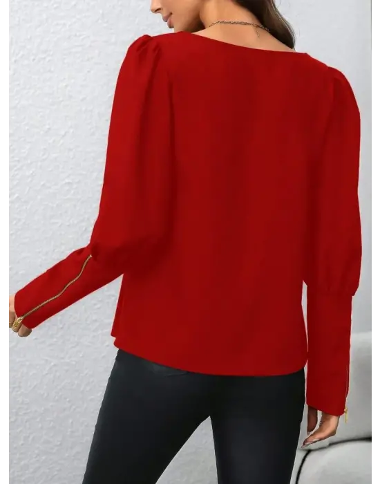 Kadın Uzun Kollu Bisiklet Yaka Fermuar Detaylı Ithal Krep Bluz