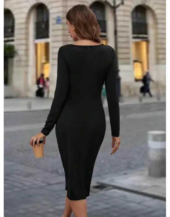 Kadın Uzun Kollu Bisiklet Yaka Fermuar Detaylı Yırtmaçlı Midi Krep Elbise