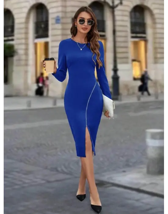 Kadın Uzun Kollu Bisiklet Yaka Fermuar Detaylı Yırtmaçlı Midi Krep Elbise