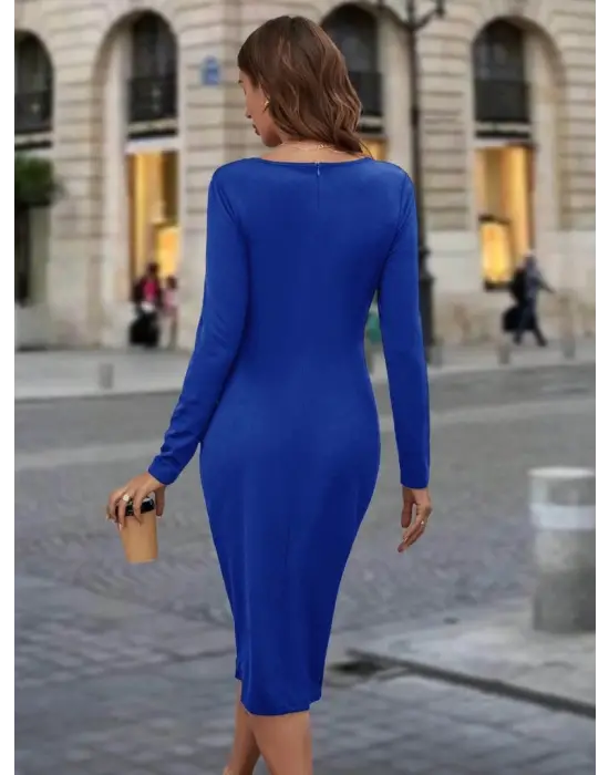 Kadın Uzun Kollu Bisiklet Yaka Fermuar Detaylı Yırtmaçlı Midi Krep Elbise