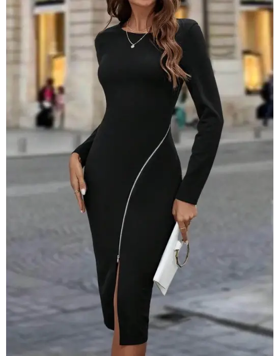 Kadın Uzun Kollu Bisiklet Yaka Fermuar Detaylı Yırtmaçlı Midi Krep Elbise