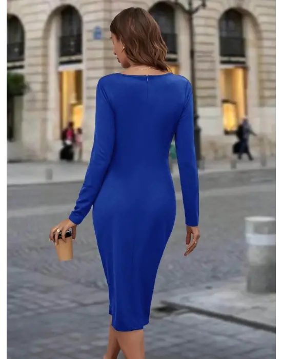 Kadın Uzun Kollu Bisiklet Yaka Fermuar Detaylı Yırtmaçlı Midi Krep Elbise