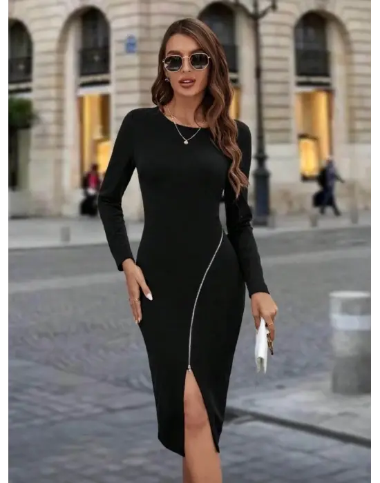 Kadın Uzun Kollu Bisiklet Yaka Fermuar Detaylı Yırtmaçlı Midi Krep Elbise