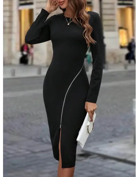 Kadın Uzun Kollu Bisiklet Yaka Fermuar Detaylı Yırtmaçlı Midi Krep Elbise