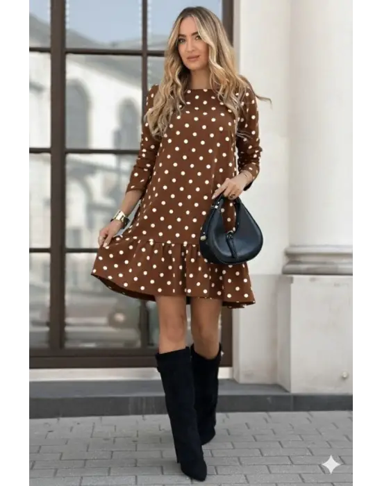 Kadın Uzun Kollu Bisiklet Yaka Fırfırlı Puantiyeli Kısa Modal Elbise