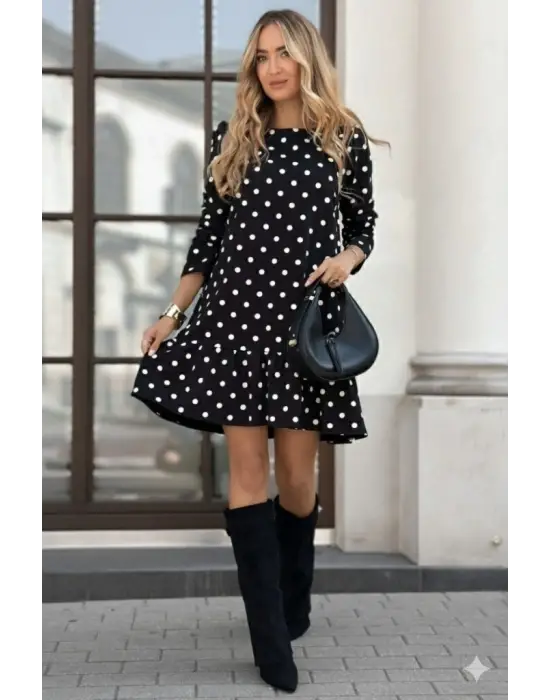 Kadın Uzun Kollu Bisiklet Yaka Fırfırlı Puantiyeli Kısa Modal Elbise