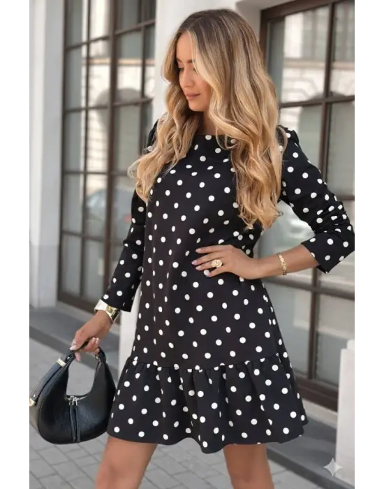 Kadın Uzun Kollu Bisiklet Yaka Fırfırlı Puantiyeli Kısa Modal Elbise