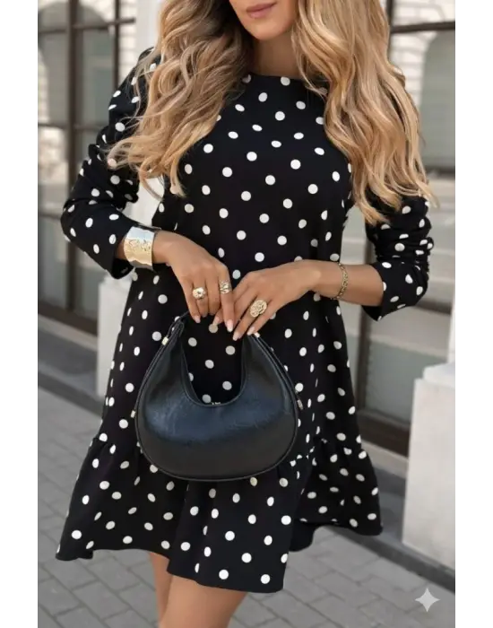 Kadın Uzun Kollu Bisiklet Yaka Fırfırlı Puantiyeli Kısa Modal Elbise