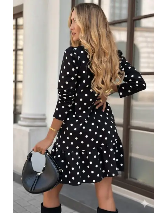 Kadın Uzun Kollu Bisiklet Yaka Fırfırlı Puantiyeli Kısa Modal Elbise