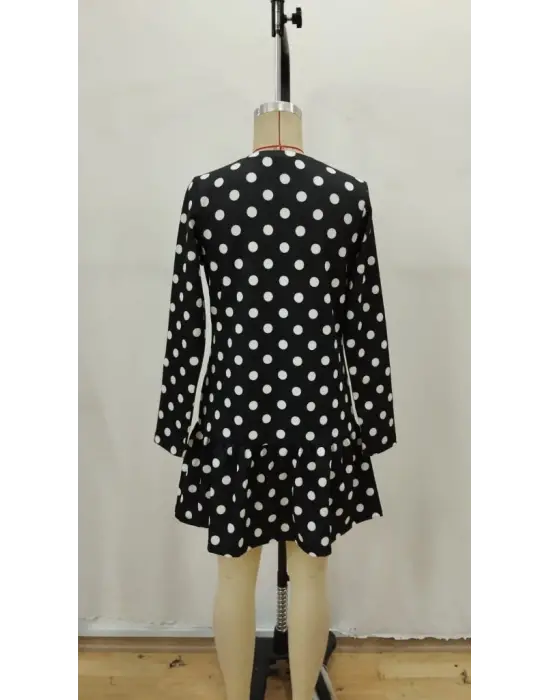 Kadın Uzun Kollu Bisiklet Yaka Fırfırlı Puantiyeli Kısa Modal Elbise