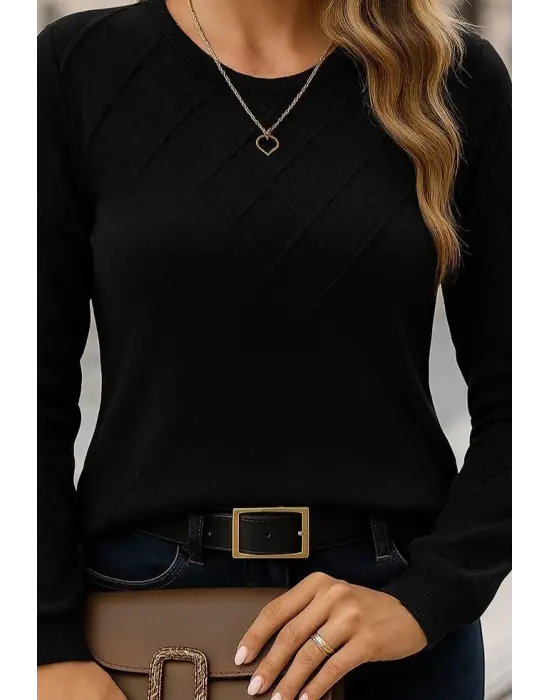 Kadın Uzun Kollu Bisiklet Yaka Geometrik Desenli Triko Bluz