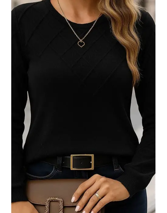 Kadın Uzun Kollu Bisiklet Yaka Geometrik Desenli Triko Bluz