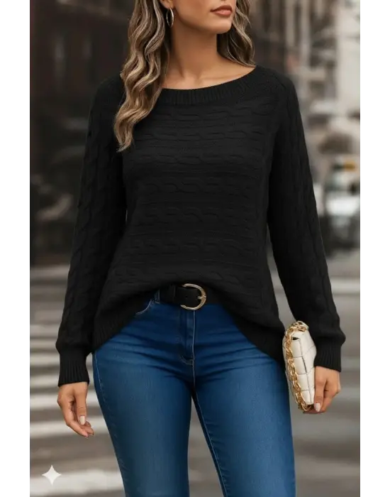 Kadın Uzun Kollu Bisiklet Yaka Geometrik Desenli Triko Bluz