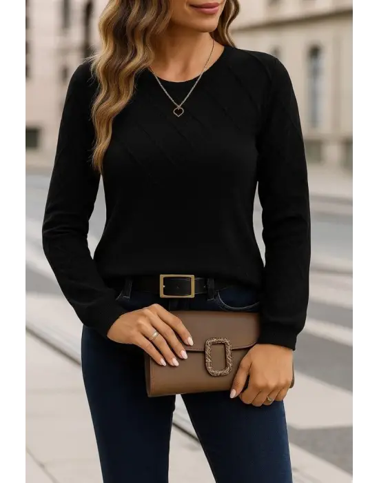 Kadın Uzun Kollu Bisiklet Yaka Geometrik Desenli Triko Bluz