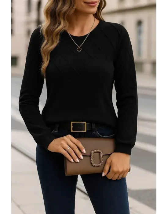 Kadın Uzun Kollu Bisiklet Yaka Geometrik Desenli Triko Bluz