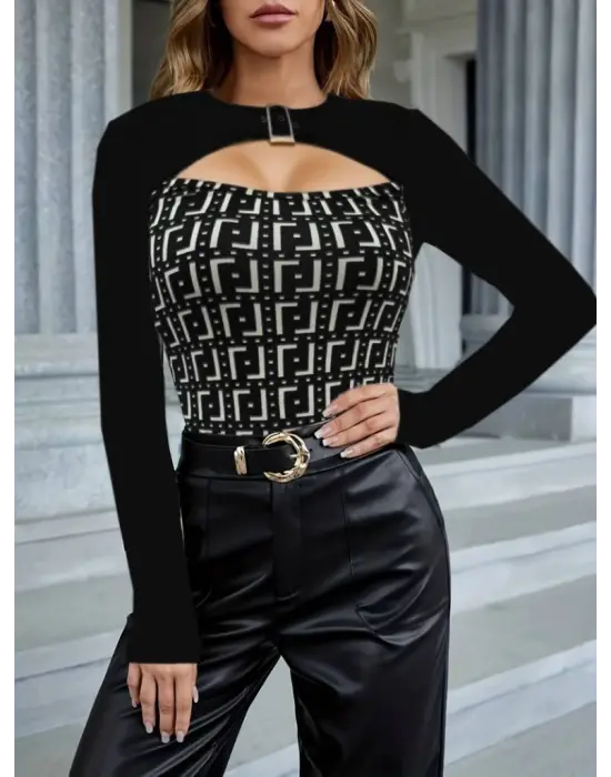 Kadın Uzun Kollu Bisiklet Yaka Göğüs Dekolte Ve Toka Detay Dalgıç Bluz