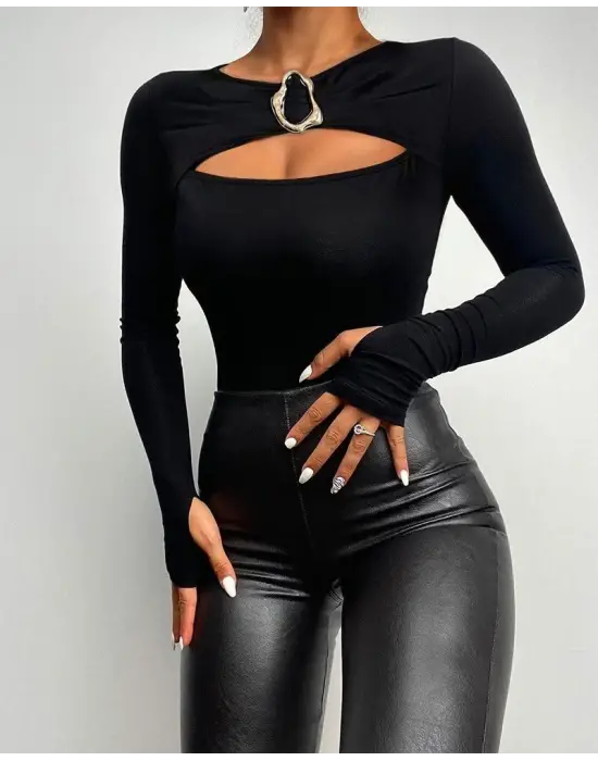 Kadın Uzun Kollu Bisiklet Yaka Göğüs Dekolteli Viskon Bluz